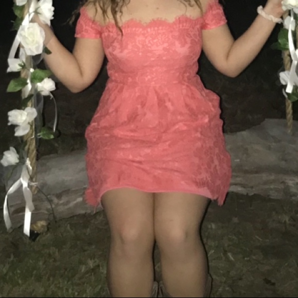Coral laced off the shoulder dress
